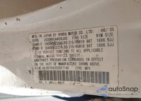 2005 Honda Cr-V Ex z USA, uszkodzony, nr VIN JHLRD78835C057140